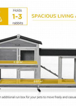 62" Wooden Mobile Rabbit Hutch with Wheels, Run Box, Slide-out Tray, Ramp
