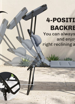 Outdoor Lounge Chair, 4 Position Adjustable Backrest, Folding, Cushioned w/ Sun Shade Roof & Pillow, Gray