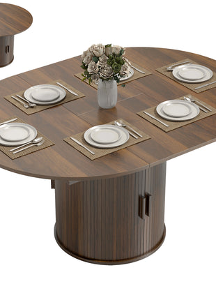 Extendable Dining Table for 6, 60" Farmhouse Kitchen Table with 2-Tier Storage Shelf and Fluted Sliding Doors, Walnut