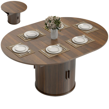 Extendable Dining Table for 6, 60" Farmhouse Kitchen Table with 2-Tier Storage Shelf and Fluted Sliding Doors, Walnut