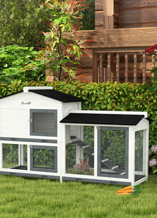 62" Rabbit Hutch, Wooden Bunny Hutch, Guinea Pig Cage, Small Animal Enclosure with Run Area, Removable Tray, Asphalt Roof, Lockable Doors and Ramp, for Rabbits, Chickens, Ducks, White