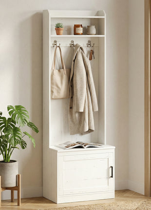 Narrow Hall Tree with Shoe Storage Bench, Rustic Entryway Bench with Coat Rack, Accent Coat Tree with Storage Shelves