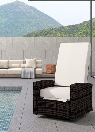 Outdoor Wicker Swivel Recliner Chair, Lifting Footrest, 360° Rotating Basic, Water-resistant Cushions, Khaki