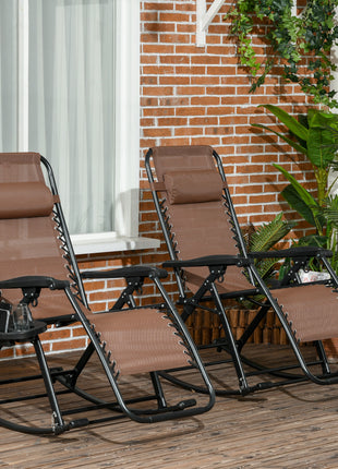 2 Outdoor Rocking Chairs Foldable Reclining Zero Gravity Lounge Rockers w/ Pillow Cup & Phone Holder, Brown