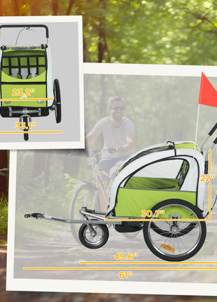 2-Seat Elite 360 Swivel Bike Trailer for Kids Bicycle Cargo Trailer with Water-Resistant Windows, Green and White