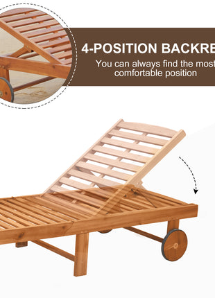 Outdoor Folding Chaise Lounge Chair Recliner with Wheels, Acacia Wood Frame - Teak Color