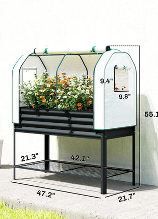 Galvanised Raised Garden Bed with Greenhouse Cover, Metal Elevated Garden Bed with Bed Liner, Bottom Shelf, Black