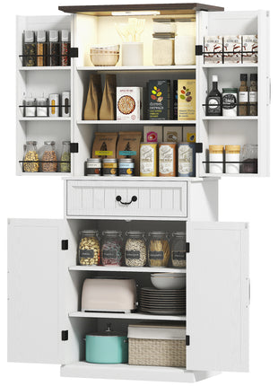 71" LED Kitchen Pantry Cabinet, Farmhouse Storage Cabinet with Door Shelves, Distressed White