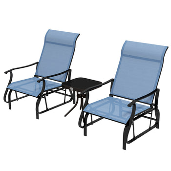3-Piece Outdoor Gliders Set Bistro Set with Steel Frame, Tempered Glass Top Table for Patio, Garden, Light Blue