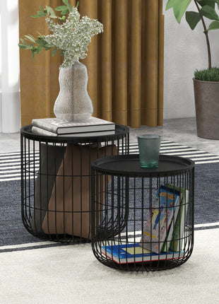 Coffee Table Set, Nest of Coffee Tables with Steel Wired Basket Body and Removable Top for Living Room, Black