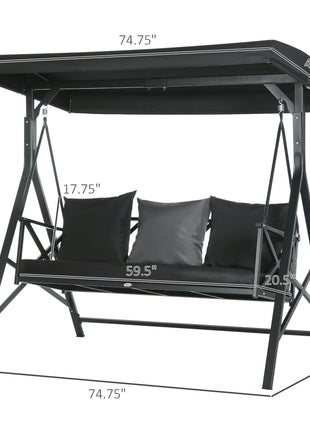 3-Seat Patio Swing Chair, Porch Swing Glider with Cushion, 3 Throw Pillows & Adjustable Canopy for Porch, Garden, Poolside, Backyard, Black