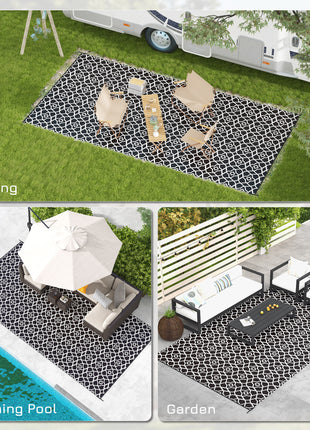 Reversible Outdoor Rug Carpet RV Camping Rugs with Carry Bag, 9' x 18', Black & White Clover