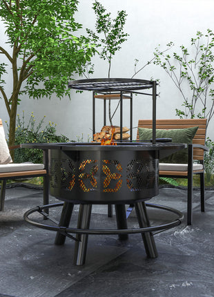Wood Burning Fire Pit, Charcoal BBQ Grill, Portable Firepit with Cooking Grate, Pan, and Poker, 33", Black