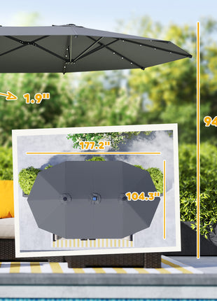 Garden Parasol, Double-Sided Sun Umbrella with LED Solar Lights, Patio Parasol for Outdoor, Gray