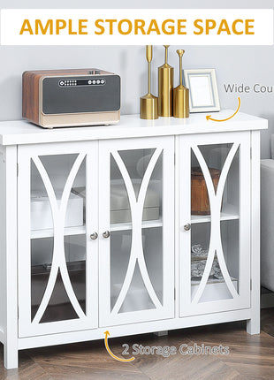 Sideboard, Buffet Cabinet with 3 Tempered Glass Doors, Arc Pattern and Adjustable Storage Shelf, Credenza, White
