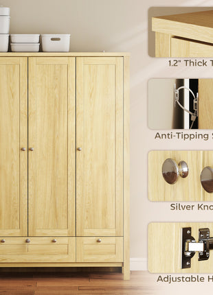 3 Doors Wardrobe Closet with 2 Drawers, Bedroom Armoire with Lockable Drawer, Hanging Rod and Storage Shelves, Natural