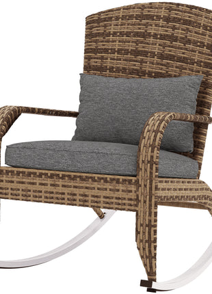 Adirondack Chair, Outdoor Wicker Rocking Chair with High Back, Seat Cushion, and Pillow for Porch, Balcony, Gray
