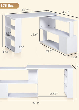 L Shaped Desk, Corner Computer Desk, 360 Degree Rotating Home Office Desk with Storage Shelves, Writing Table Workstation, White