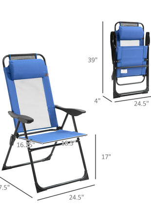 Folding Patio Dining Chairs Set of 2, Outdoor Deck Chair with Removable Headrest, Camping Chair with Adjustable Sling Back for Garden, Backyard, Lawn, Blue