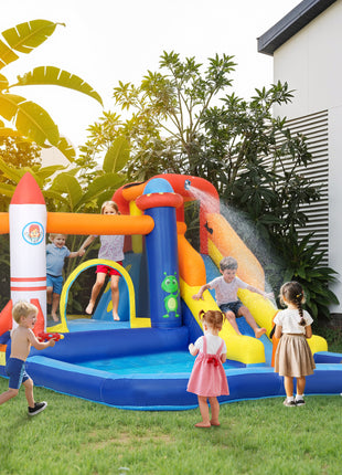 5 in 1 Inflatable Bounce House, Water Slide with 550W Blower, Splash Pool, Trampoline, Climbing Wall, Cannon