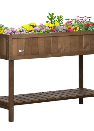 Wooden Raised Garden Bed, Elevated Planter Box Stand with 8 Slots and Open Shelf, Dark Brown
