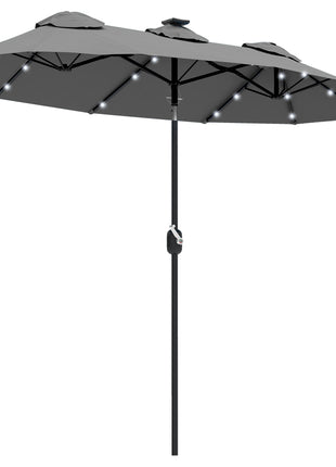 Double-sided Patio Umbrella, 9.7' Outdoor Umbrella with Tilt and Crank, LED Solar Light and 12 Ribs, Gray