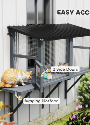 Wooden Cat Catio, Outdoor Cat Enclosure Window Perch with Jumping Platform, for Safely Enjoying Outdoor Sights, Gray