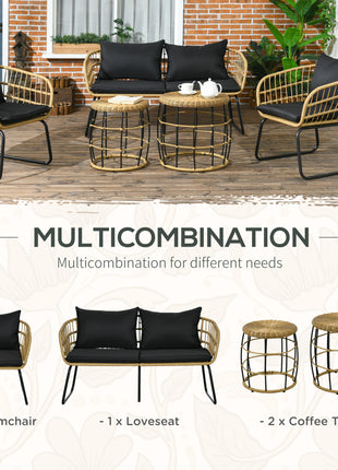 5 Piece PE Rattan Outdoor Furniture Set with Cushioned Chairs, Loveseat Sofa & Stackable Coffee Tables, Black