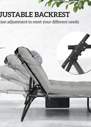 Folding Chaise Lounge Pool Chair with 4-level Reclining Back, Cushion, Side Pocket, Headrest, Gray