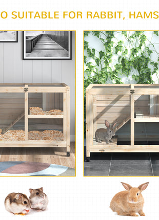Rabbit Hutch with Wheels, Desk and Side Table Sized, Wooden Rabbit Cage, Waterproof Small Bunny Cage with Removable Tray, Openable Roof, for Rabbits, Chickens, Ducks, Indoor/Outdoor, Natural
