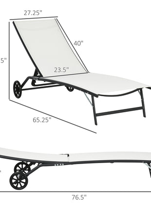 Chaise Lounge Outdoor, 2 Piece Lounge Chair with Wheels, Tanning Chair with 5 Adjustable Positions for Patio, Beach, Yard, Pool, Cream White
