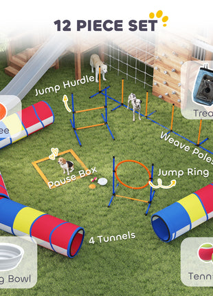 Dog Agility Training Equipment, 12-Piece Dog Obstacle Course with Adjustable Hurdle & Ring, 4 Tunnels, Weave Poles