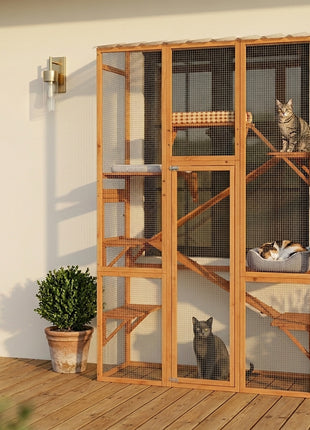 Outdoor Catio Cat Enclosure, Large Wooden Cat House with 6 Jumping Platforms, Scratching Post, 2 Ramps, for 2-3 Kittens
