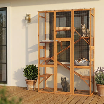 Outdoor Catio Cat Enclosure, Large Wooden Cat House with 6 Jumping Platforms, Scratching Post, 2 Ramps, for 2-3 Kittens