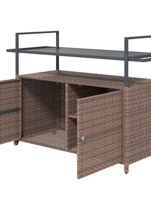 2-Tier Shelf PE Rattan Outdoor Bar Table, Glass Top Outdoor Serving Cart with Cabinet, Mixed Brown