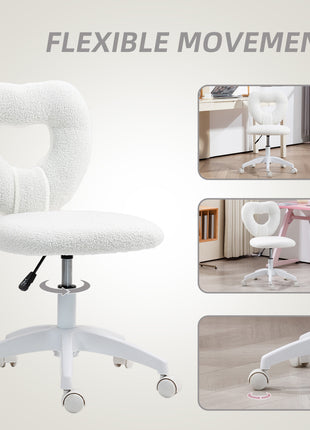 Armless Computer Desk Chair, Office Task Chair, Teddy Fleece Heart Makeup Vanity Chair with Swivel Wheels, White