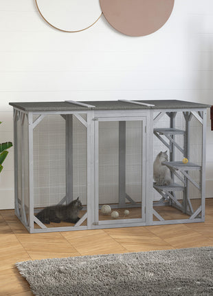 71" x 32" x 44" Large Wooden Outdoor Cat Enclosure Catio Cage With 3 Platforms, Gray