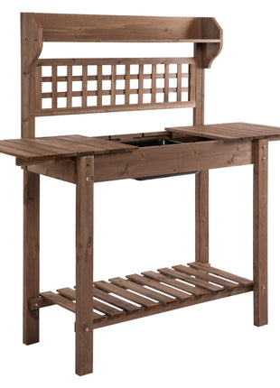 Outdoor Potting Bench Table, Wooden Workstation with Sliding Tabletop, Storage Shelf and Dry Sink, for Greenhouse, Garden, Patio, Brown