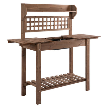 Outdoor Potting Bench Table, Wooden Workstation with Sliding Tabletop, Storage Shelf and Dry Sink, for Greenhouse, Garden, Patio, Brown