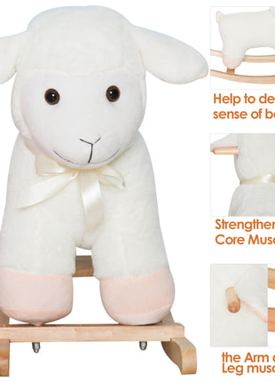 Lamb Rocking Horse Sheep, Nursery Stuffed Animal Ride On Rocker for Kids, Wooden Plush, White