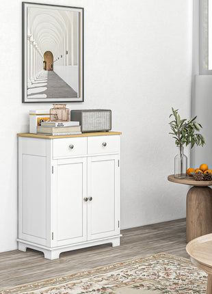 Kitchen Storage Cabinet, Sideboard Floor Cupboard with Solid Wood Top, Adjustable Shelf, and 2 Drawers, Distressed White