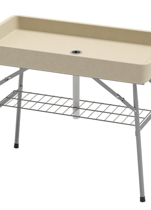 3.4ft Folding Ice Cooler Table with Drain, Fill and Chill Table Outdoor Table Cooler with Storage Shelf, Drink Cooler for Parties Picnic BBQ Camping Wedding, Tan