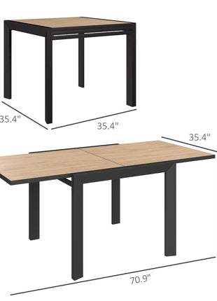 35.5"-71" Expandable Outdoor Dining Table for 4-6 People, Aluminum Patio Table with Slatted Wood Grain Top, Natural