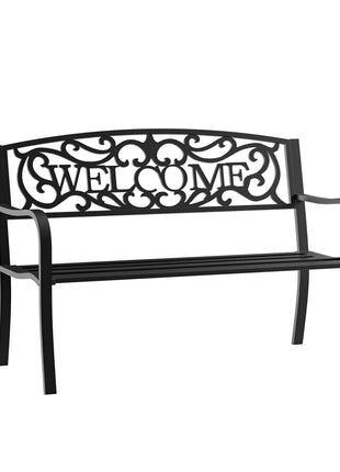 50" 2-Person Garden Bench Loveseat with Cast Iron Decorative Welcome Vines, Outdoor Patio Bench for Backyard, Porch, Entryway