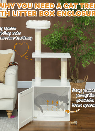 Cat Tree with Litter Box Enclosure, Scratching Posts, Bed, Climbing Platforms for Indoor Cats, White