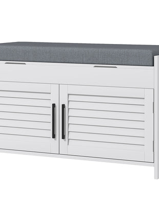 Shoe Storage Bench, Modern Entryway Bench with Cushion, Hidden Compartments, Adjustable Shelves, Shutter Doors, White