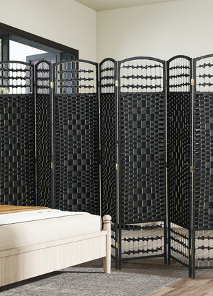 8 Panel Folding Room Divider Portable Privacy Screen Wave Fiber Room Partition for Home Office Black