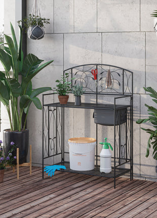 Folding Potting Bench Table, Metal Garden Workstation, Work Bench with Large Built-in Bag with Cover, 5 Hanging Hooks & Storage Shelf, Leaf Pattern