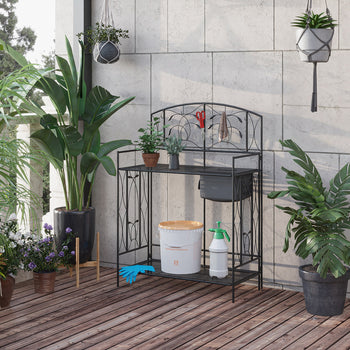 Folding Potting Bench Table, Metal Garden Workstation, Work Bench with Large Built-in Bag with Cover, 5 Hanging Hooks & Storage Shelf, Leaf Pattern
