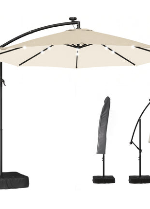 10 ft Cantilever Patio Umbrella with Light, Weight, Offset Hanging Outdoor Umbrella with Protective Cover, Cream White